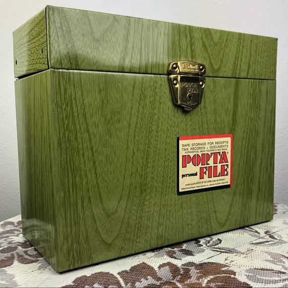 Ballonoff Vintage Porta File Metal Storage Tin Box Case Green Wood Grain w Key